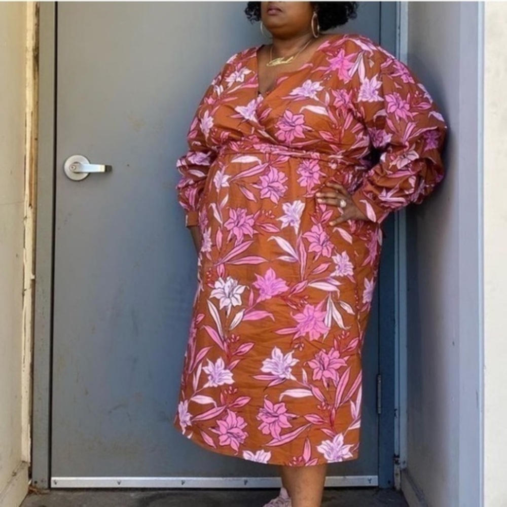 Eloquii Brown Pink Floral Faux Wrap Dress With Puff Sleeves